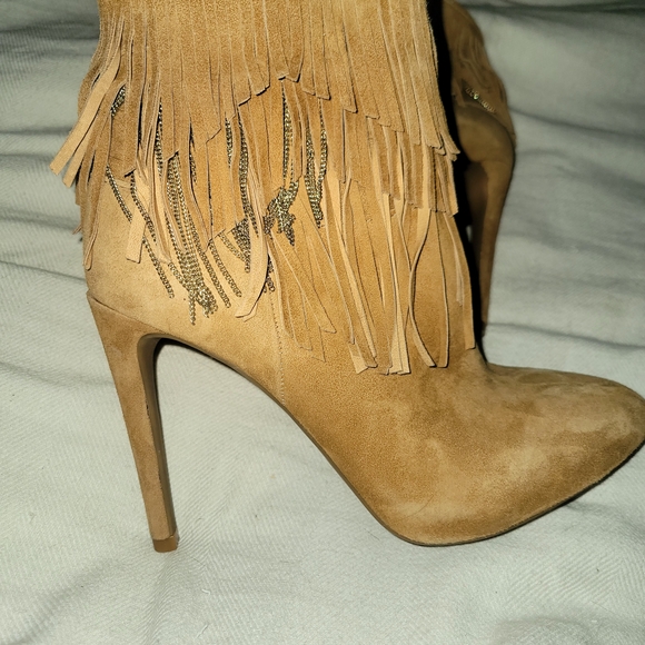 Gianni Bini Tan Heeled Fringe Boots - Picture 1 of 5